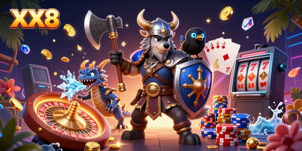 Experience the excitement of XX8 with a heroic Viking wolf warrior and thrilling casino elements.