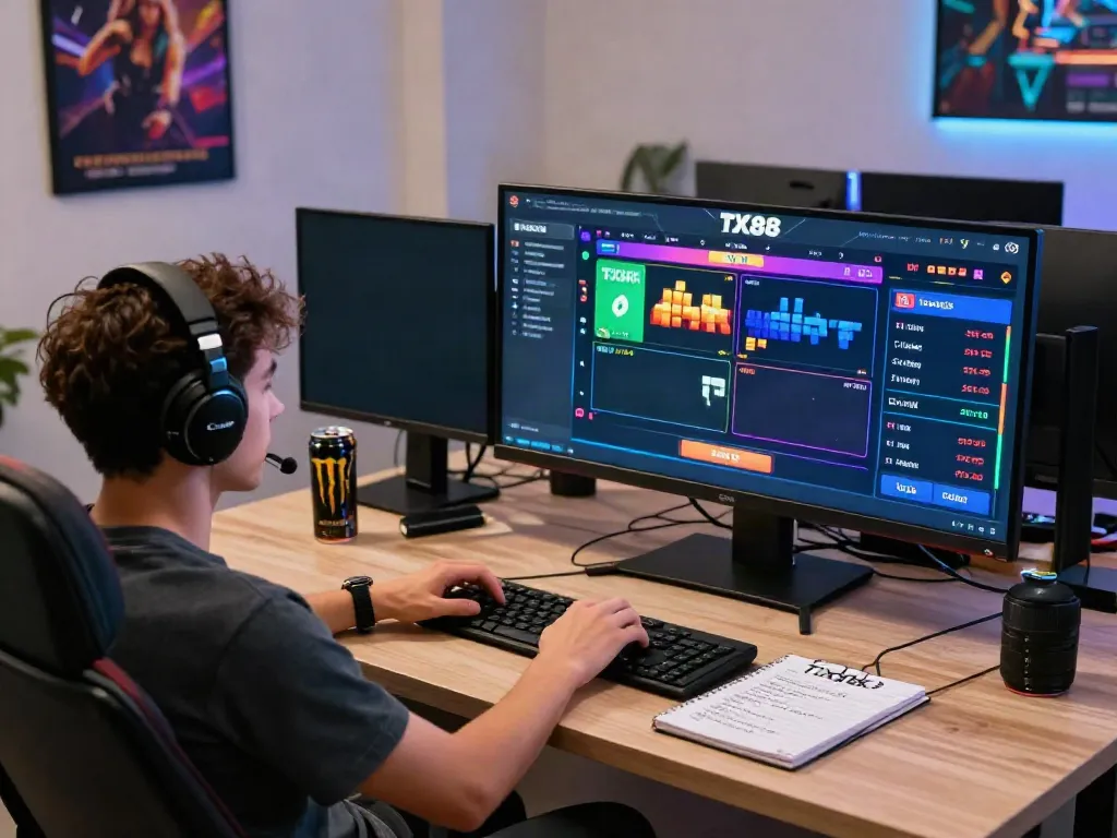 Player using TX88 platform on multiple screens for online betting excitement at home