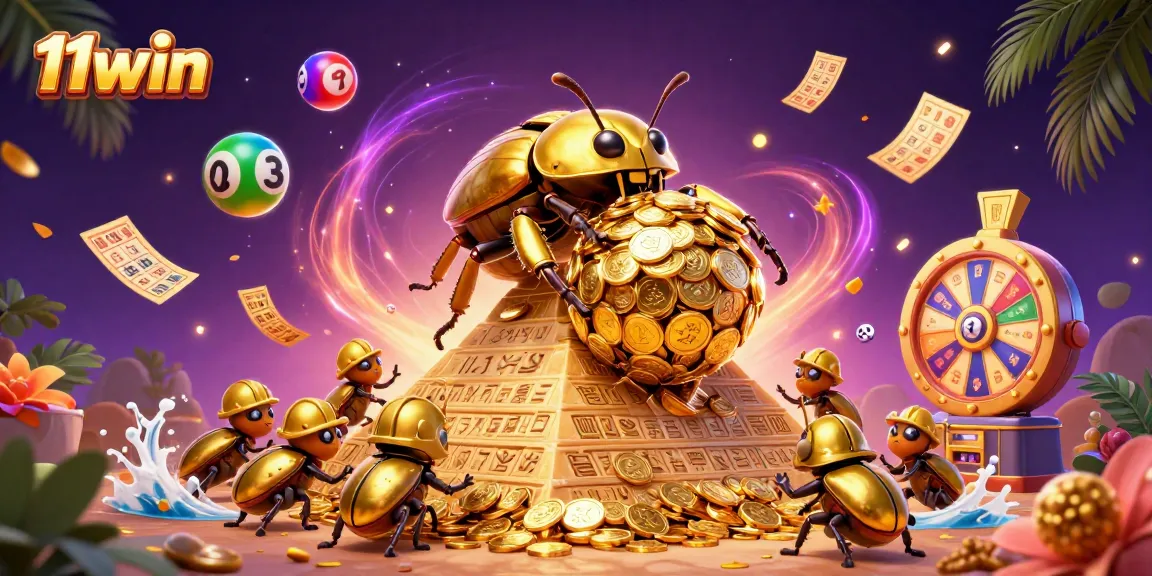 Join the excitement of 11win with golden beetles in a vibrant casino-themed illustration.