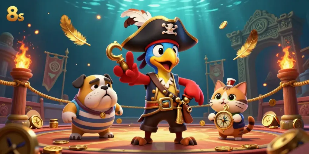 Engage in thrilling casino adventures with the vibrant 8s pirate-themed 3D illustration.