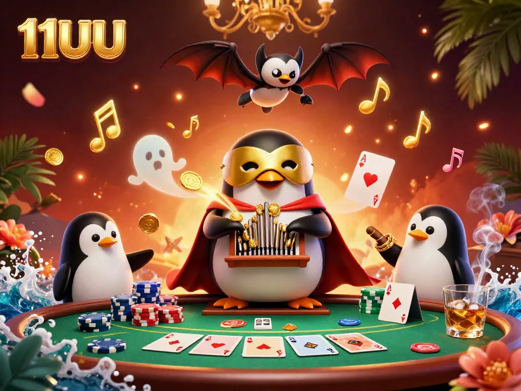 Experience 11UU with an exciting design of a casino scene featuring a penguin and golden coins.