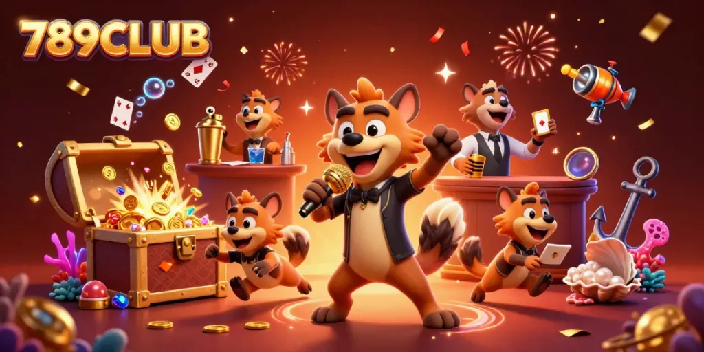 Engage with the vibrant 789CLUB casino scene featuring playful hyenas and classic gaming elements.
