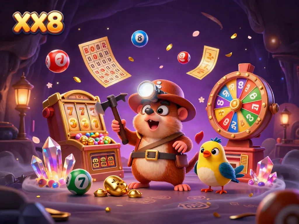 Experience the excitement of winning with XX8, featuring a treasure hunter mole in a vibrant casino scene.