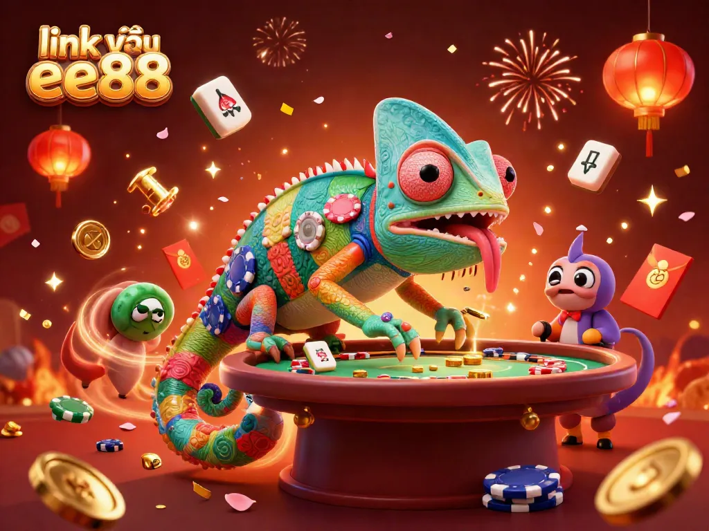 Engage with link vào ee88, showcased by vibrant casino elements and a colorful chameleon owner.