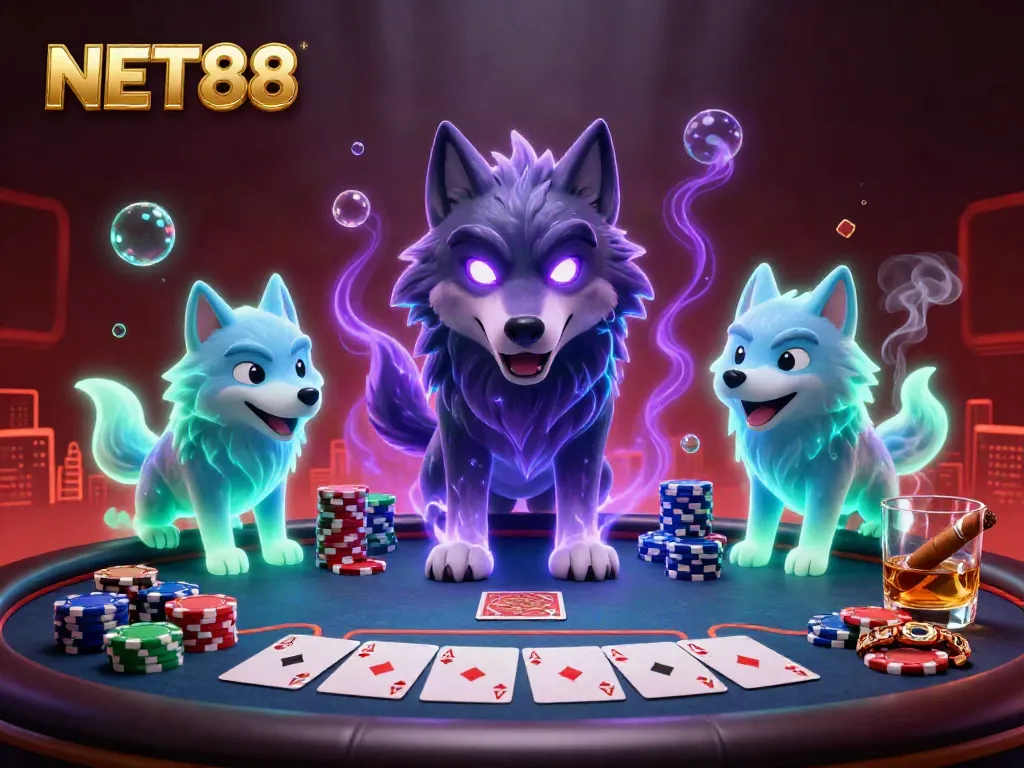 Experience thrilling NET88 poker with animated wolf pack leader in a dynamic casino scene.