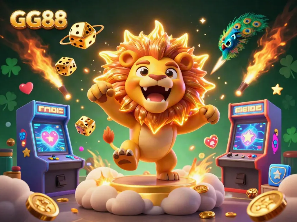 Engage with GG88 in a vibrant 3D casino world filled with colorful game elements and lucky symbols.