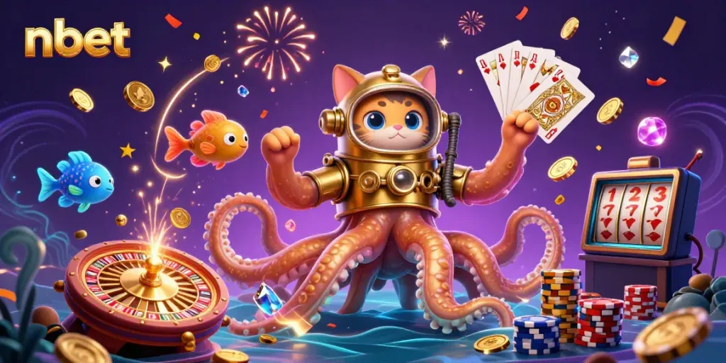 Experience nbet magic with a 3D kraken and diving cat amidst vibrant casino elements.