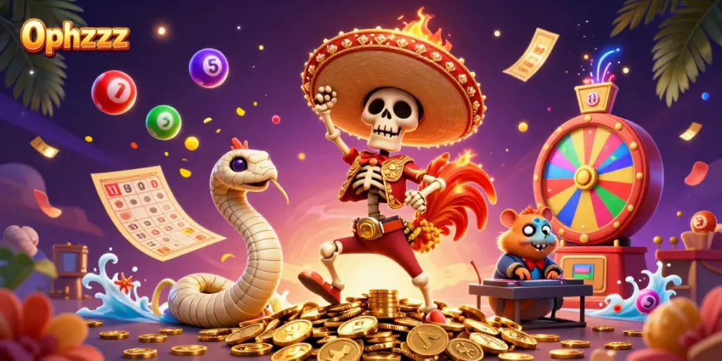 Engage with exciting moments in 0phzzz with a festive casino-themed illustration showcasing celebration and fun.