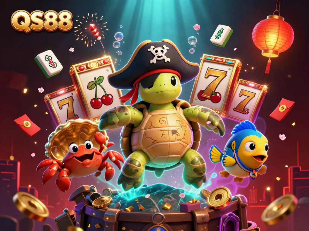 Win big with QS88 in this vibrant 3D casino scene featuring cartoon characters and colorful slots.