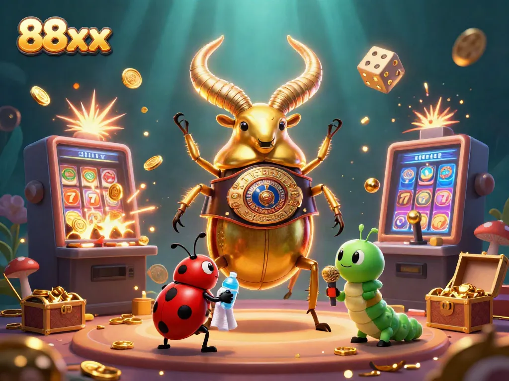 Engage with 88xx's vibrant gambling scene featuring a golden beetle champion at a dynamic casino event.