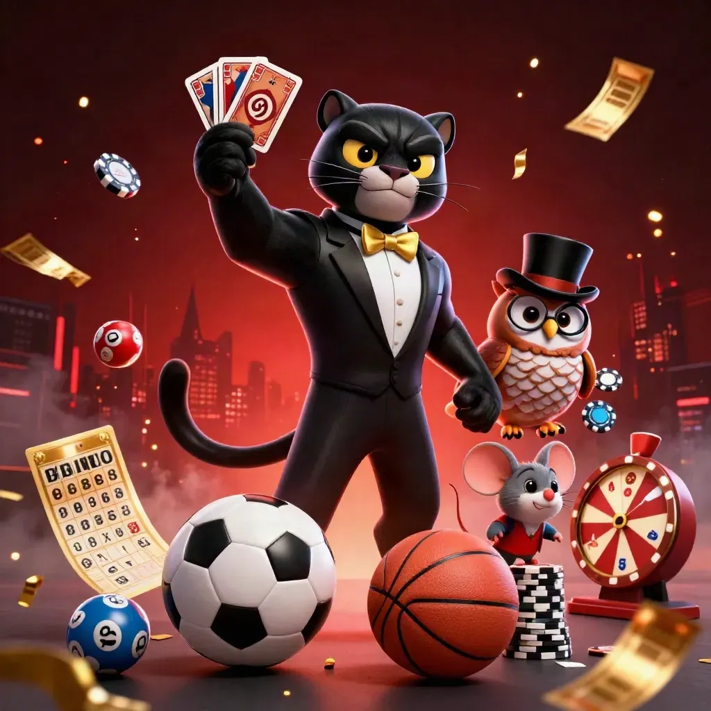 Black panther, owl, and mouse amid casino items, balls, chips, and glowing red skyline.