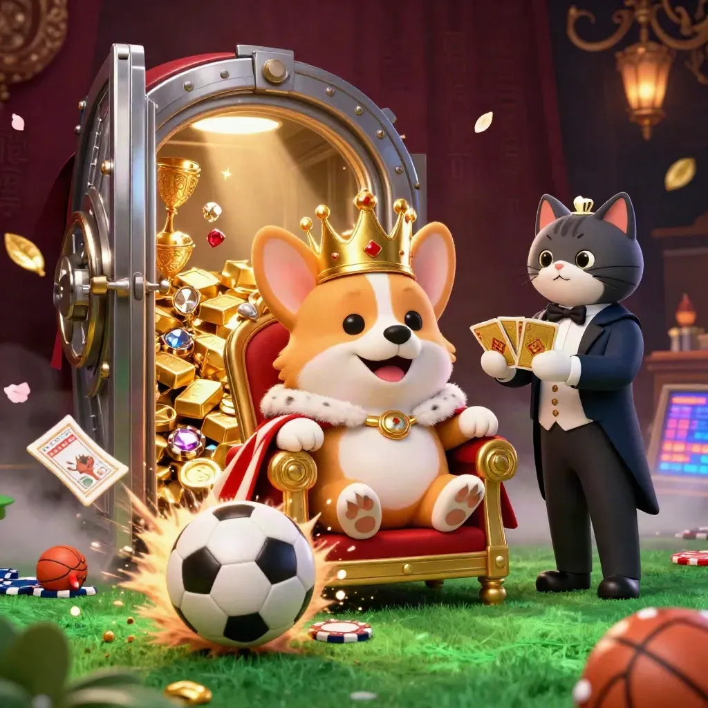Royal corgi king and cat butler amid exploding gold, soccer ball, vault light, and casino glow.