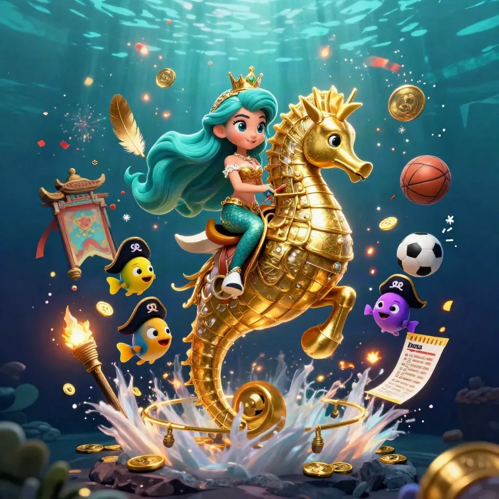 Mermaid princess on armored seahorse amid fish, coins, temple gate, fireworks, and casino props.