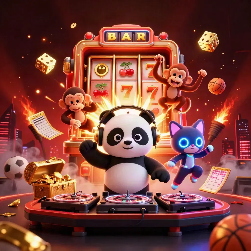 DJ panda, monkey, and glow-stick kitten in a jackpot casino explosion with gold and neon lights