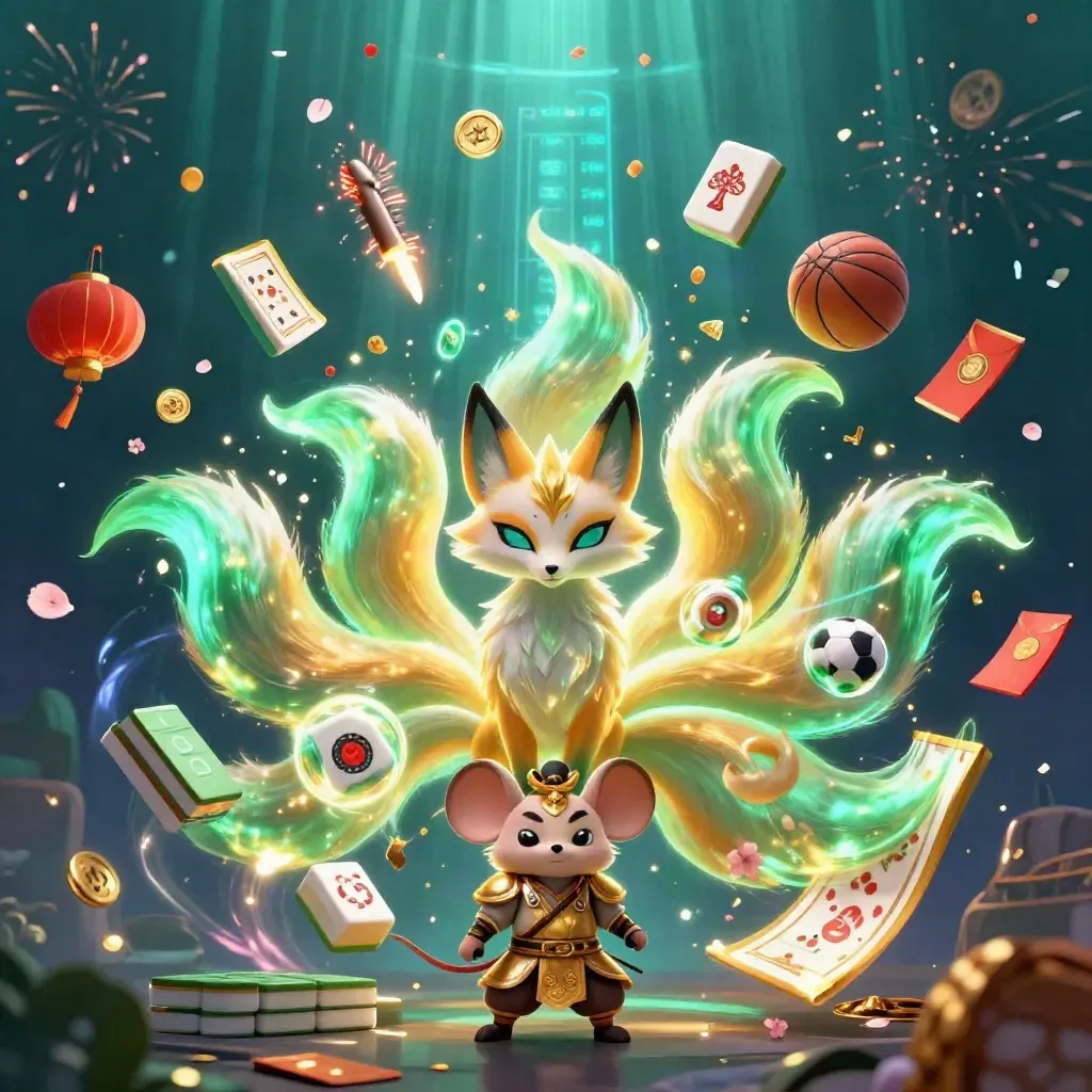 Nine-tailed fox spirit and armored mouse amid casino sports icons, gold coins, lanterns, and fireworks.