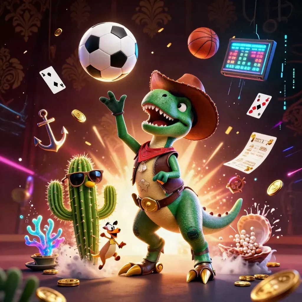 Cowboy T-Rex, cactus and roadrunner amid casino treasure, balls, coins and neon glow.