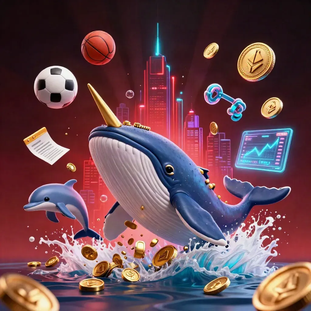 Cartoon whale captain, narwhal, dolphins, crypto coins, and sports balls exploding in casino glow.