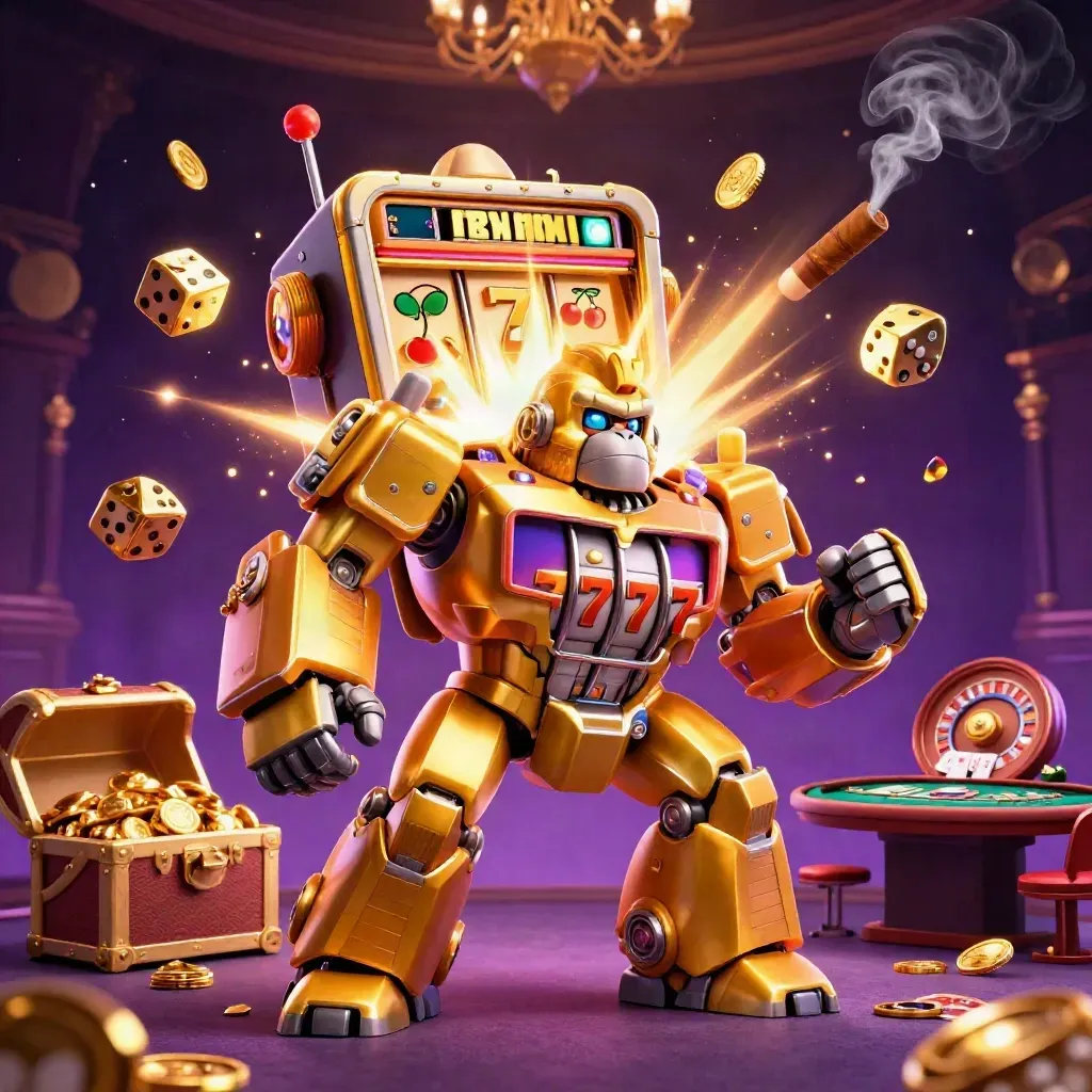 Golden gorilla slot-mech with monkey pilot amid jackpot bursts, roulette wheel, gold, and casino glow.