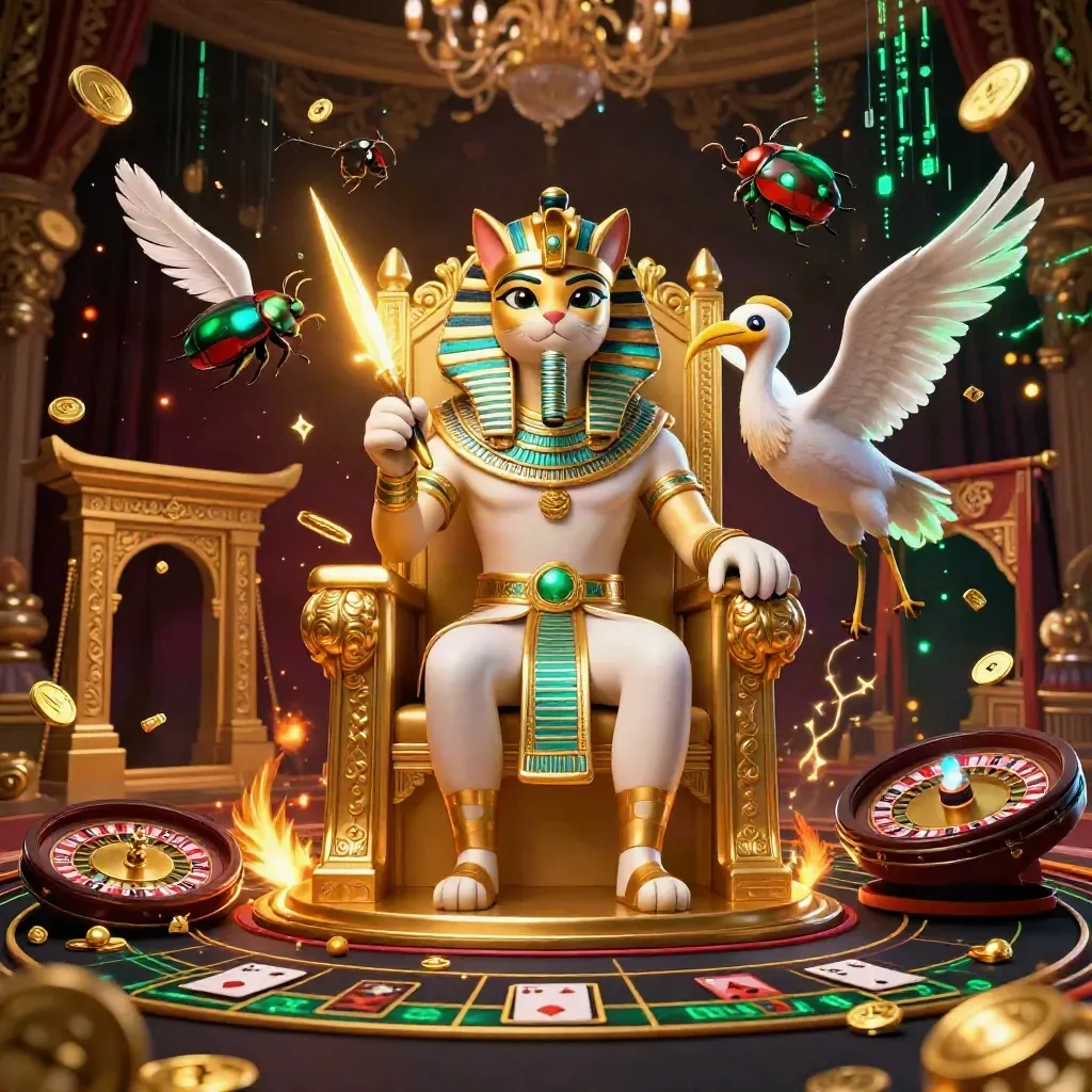 Pharaoh cat, ibis scribe, and gem-winged scarabs in a luxe casino throne room
