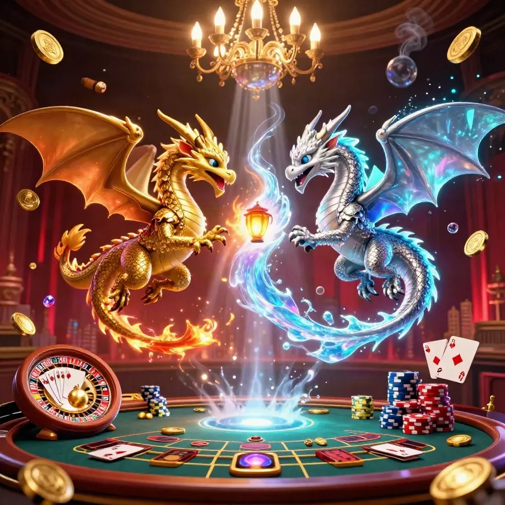 Twin gold and silver dragons with a lantern spirit amid casino riches and glowing roulette action.