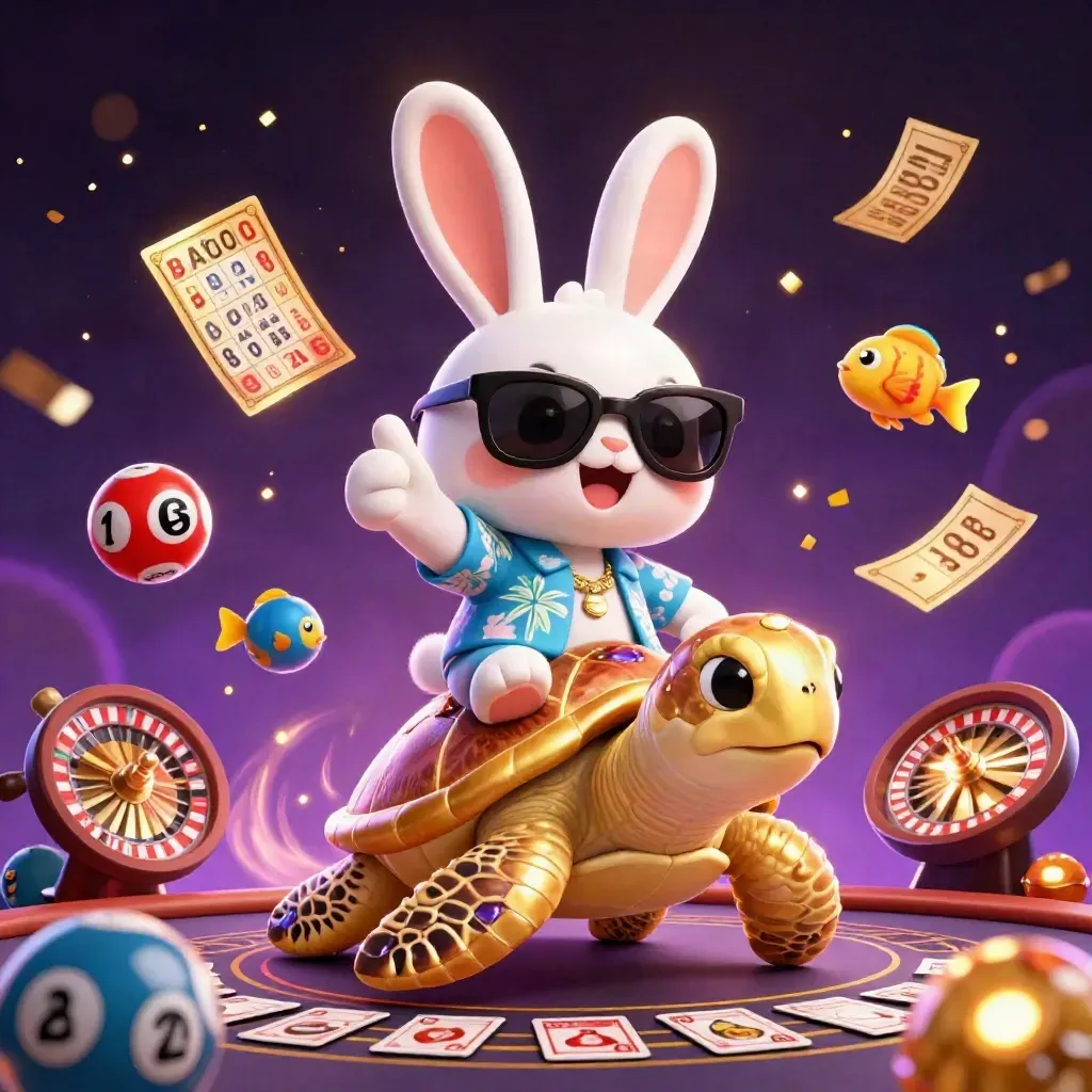 Lucky rabbit riding a jeweled sea turtle amid casino lights, lottery balls, cards, and gold confetti.