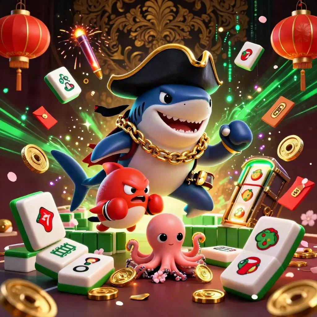 Pirate shark, boxing pufferfish, and coin-juggling octopus amid casino treasure bursts.