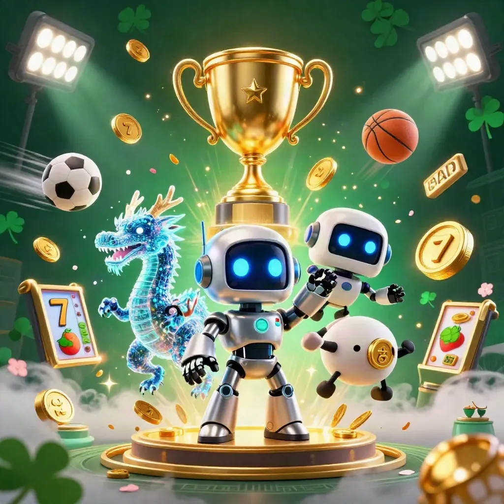 Cyberpunk robot, holographic dragon and drone amid trophy, coins and sports balls on dark emerald glow.