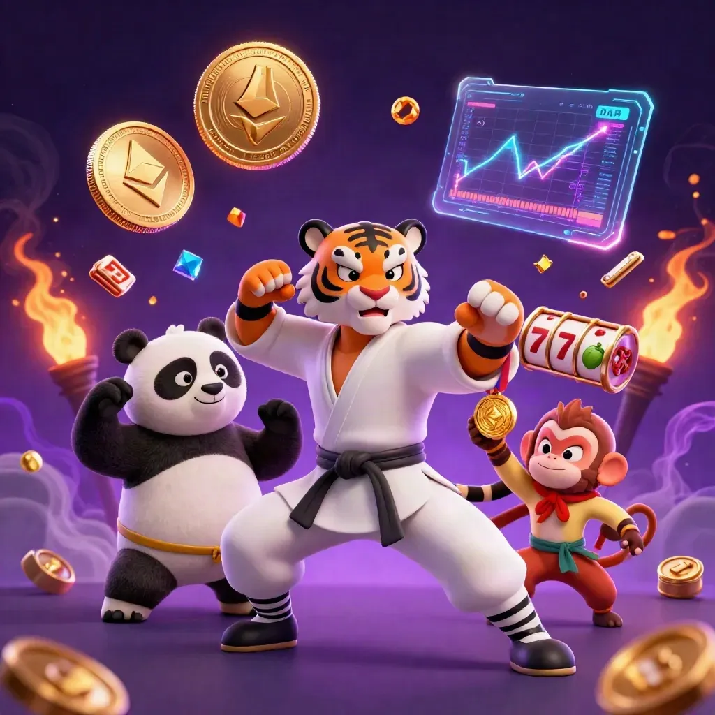 Kung-fu tiger, panda, and monkey amid crypto coins, slot symbols, and emerald casino glow.