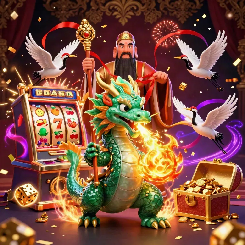 Emerald dragon, turtle sage, and cranes amid casino gold burst and slot energy