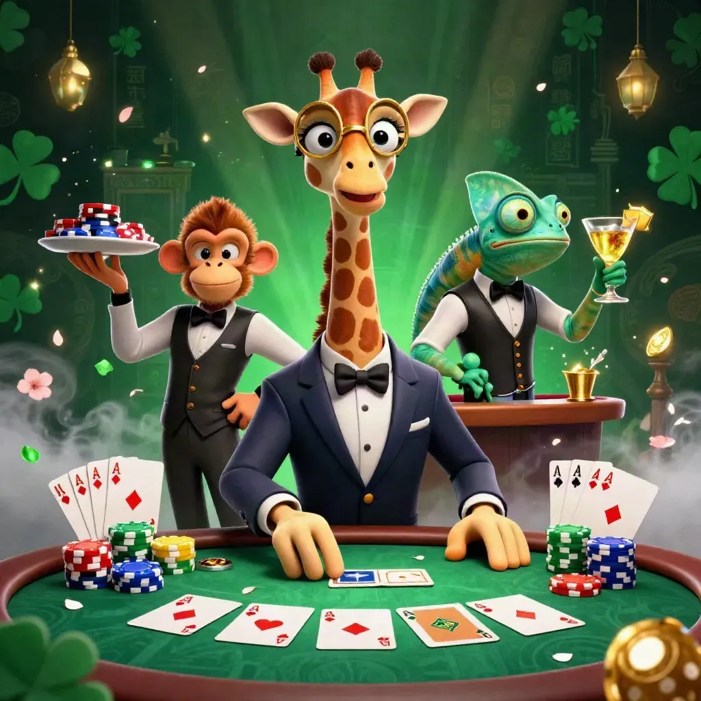 Giraffe, monkey, and chameleon at a luxe poker table with chips, cards, petals, and glowing emerald casino light.