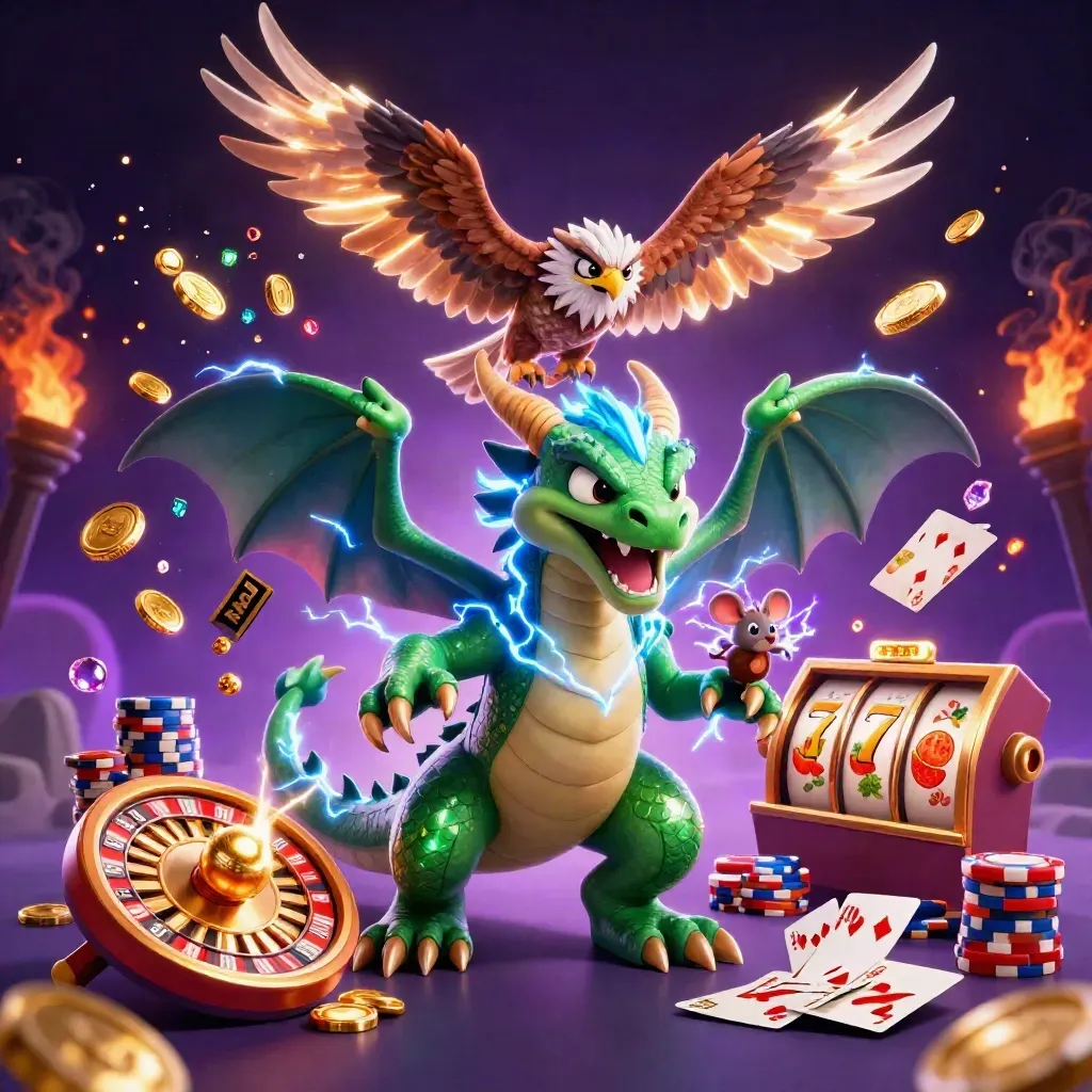 Thunder dragon, wind hawk, and static mouse amid coins, gems, reels, cards, chips, and casino glow.