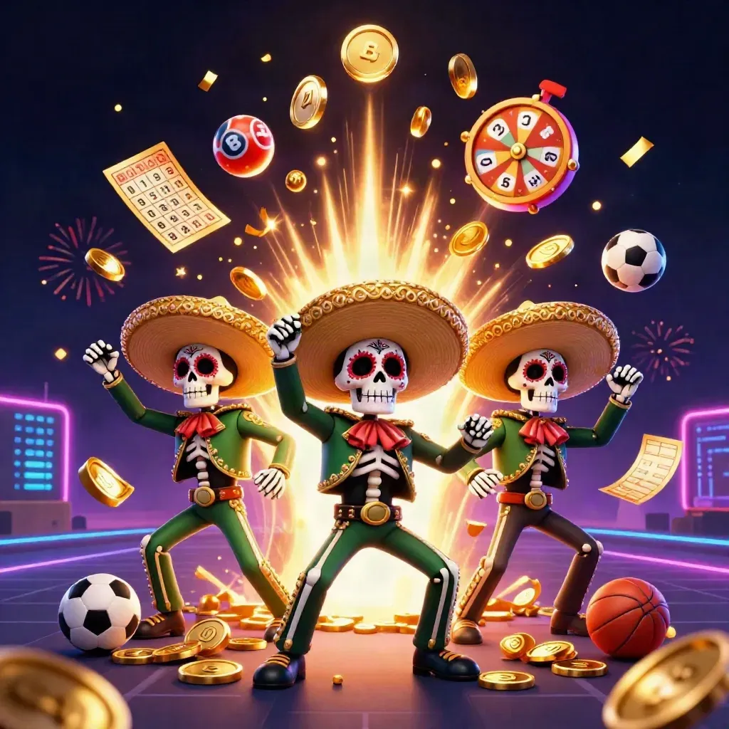 Skeleton mariachi trio amid gold coins, fireworks, and casino bonus icons, in a luxe neon casino scene.