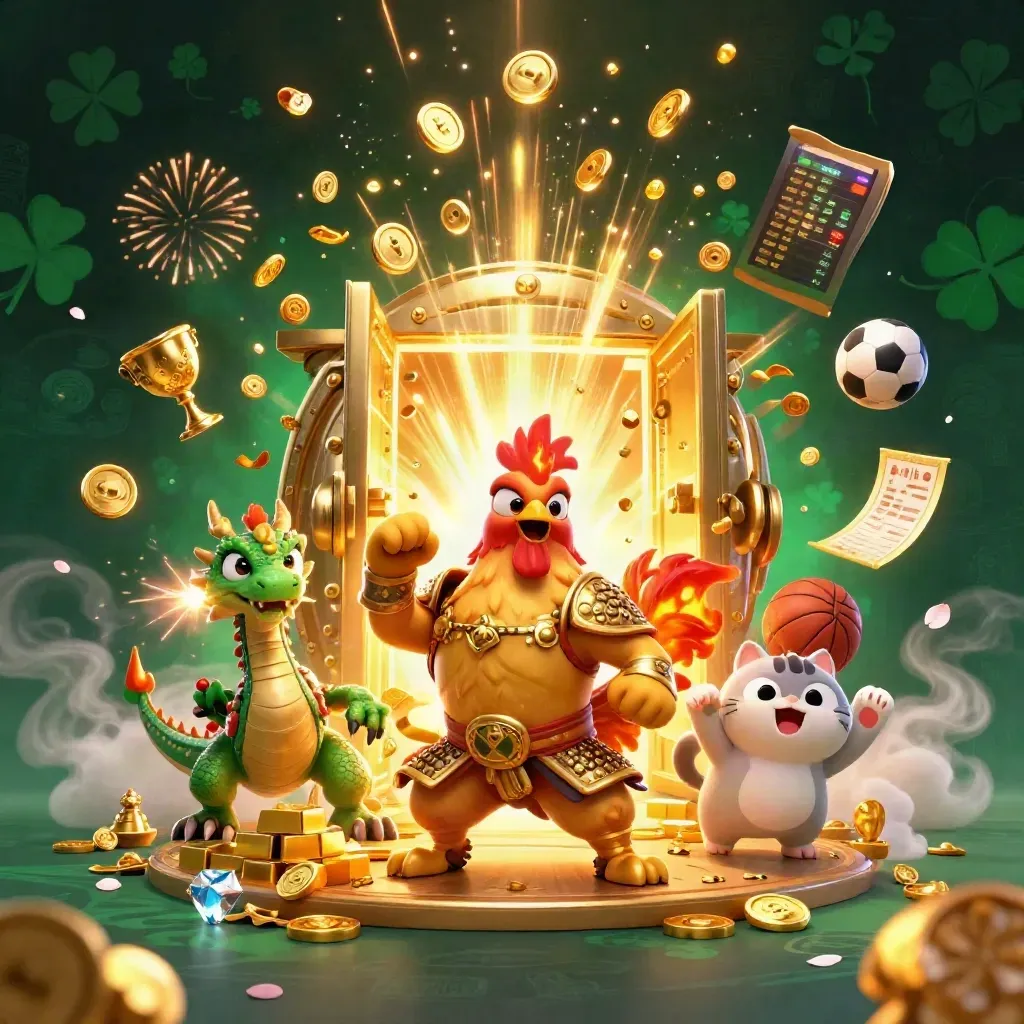 Rooster warrior, dragon hatchling, and lucky cat burst from a glowing treasure vault