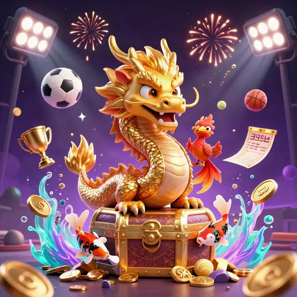 Golden dragon, phoenix, koi and casino props erupt from a treasure chest in neon glow.