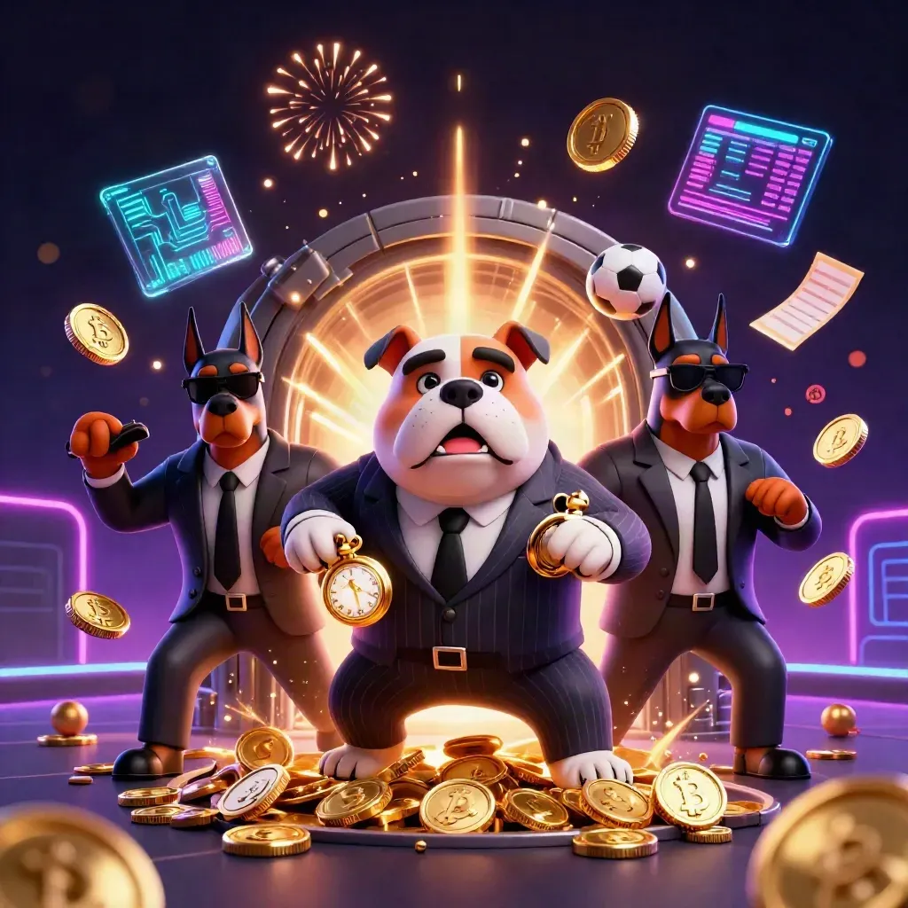 Cartoon bulldog boss with two Dobermans amid bursting coins, vault treasure, and neon casino effects