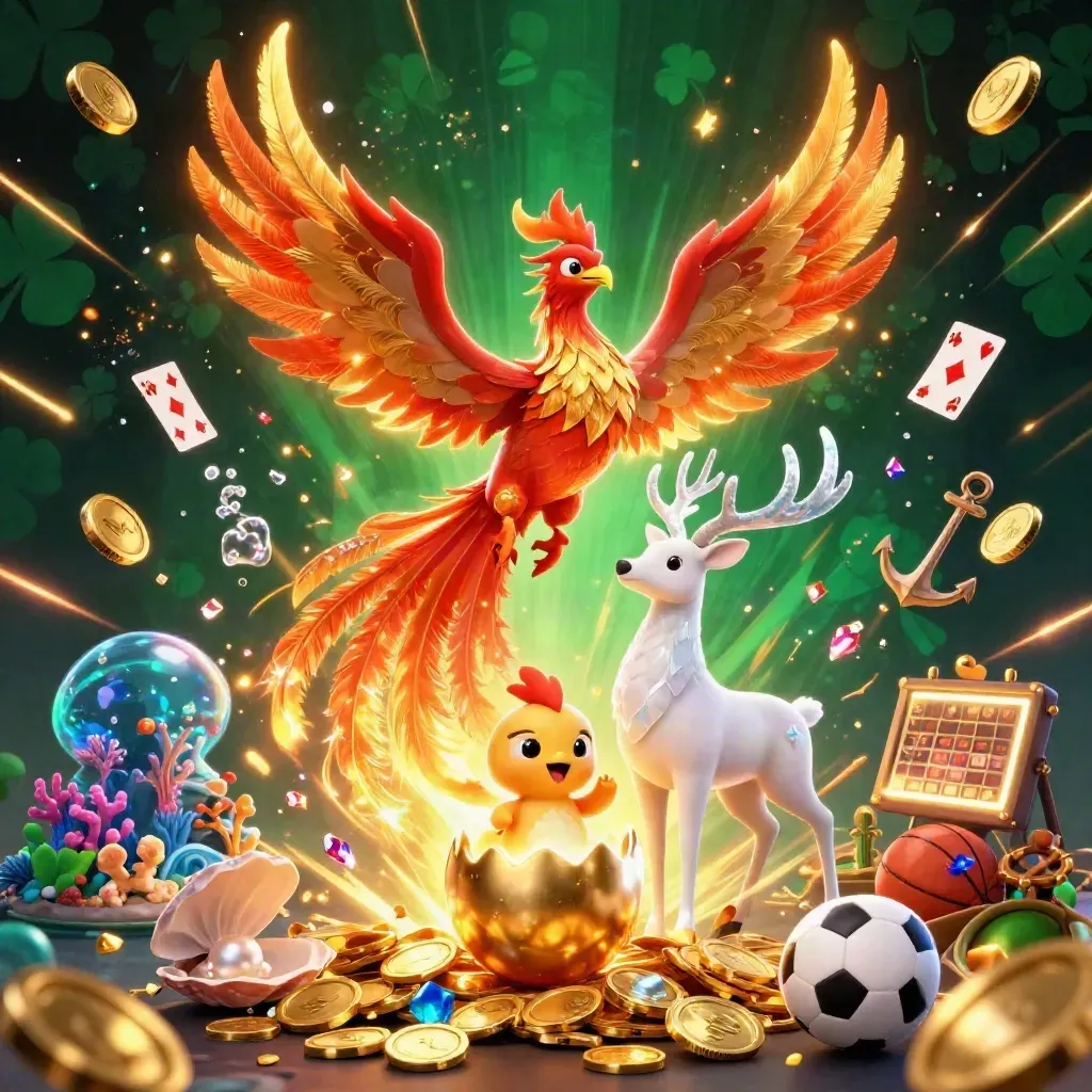 Phoenix trio bursts from treasure with coins, coral, cards, stag, sports props, and glowing effects