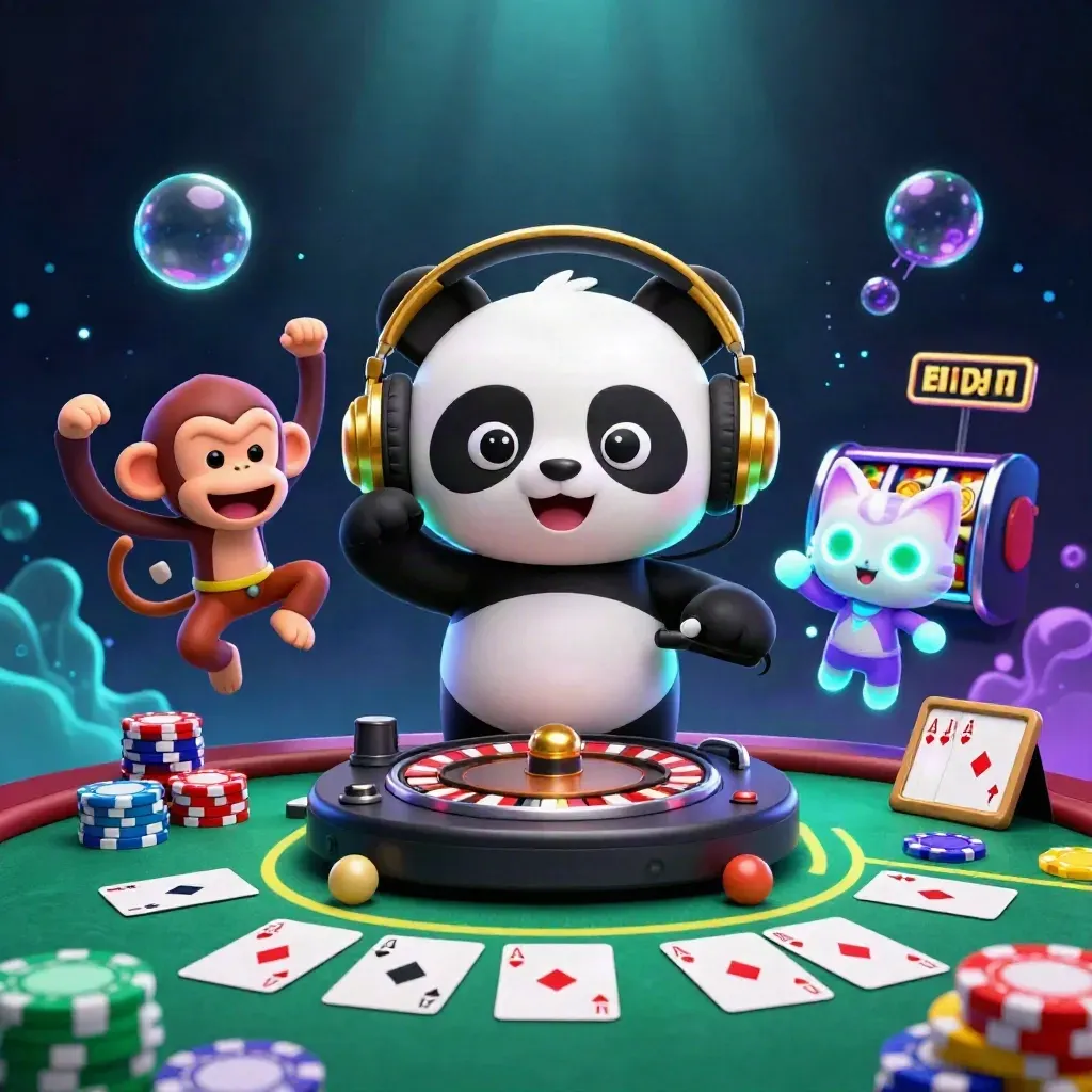 DJ panda, breakdancing monkey, and rave kitten amid chips, reels, and neon casino glow.