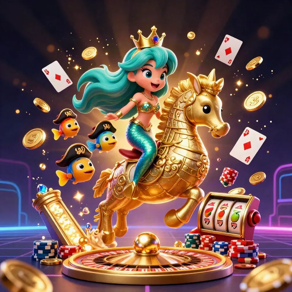Mermaid princess on armored seahorse with pirate fish, gold coins, roulette, chips, and neon casino glow.