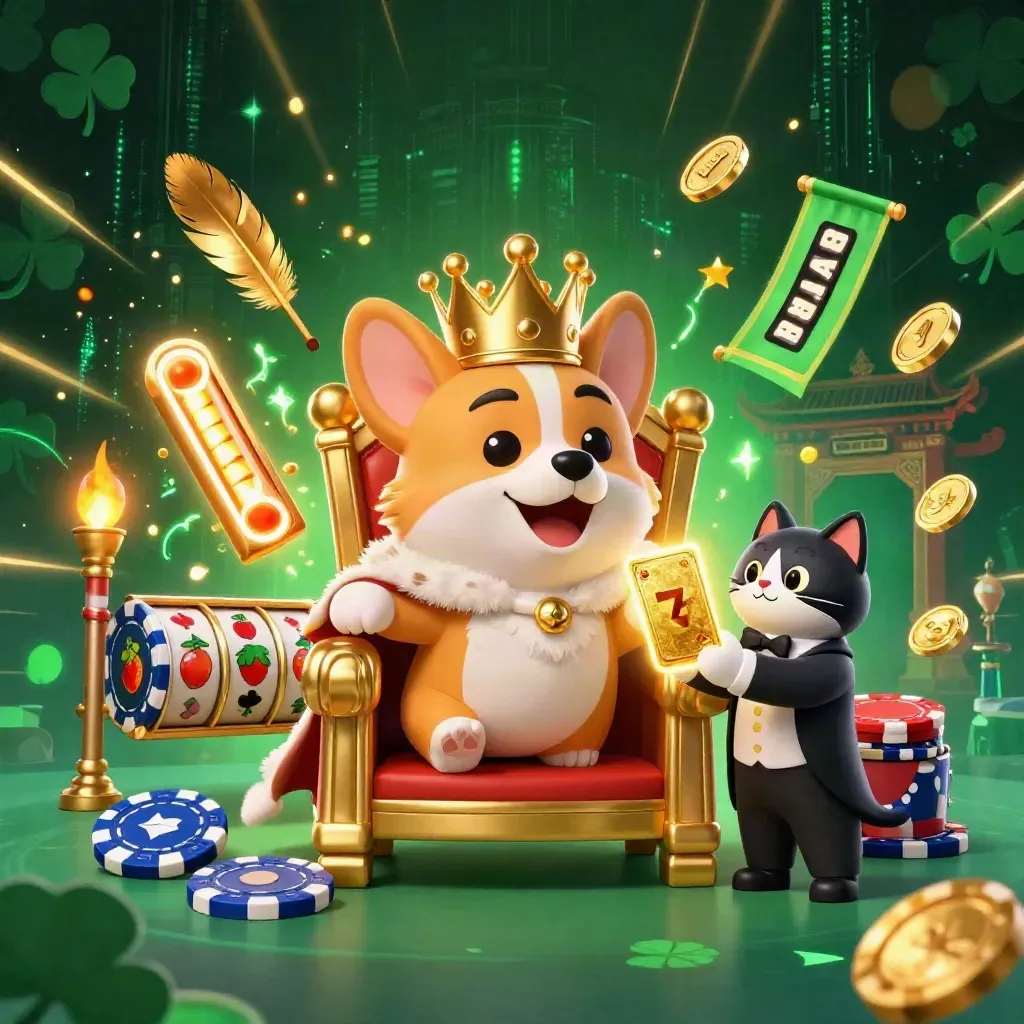 Royal corgi on chip throne with cat butler, slot reels, coins and temple gate in emerald-gold glow.