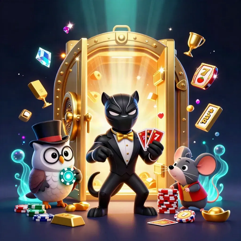 Panther, owl, and mouse in luxe casino chaos around a glowing vault and flying chips.