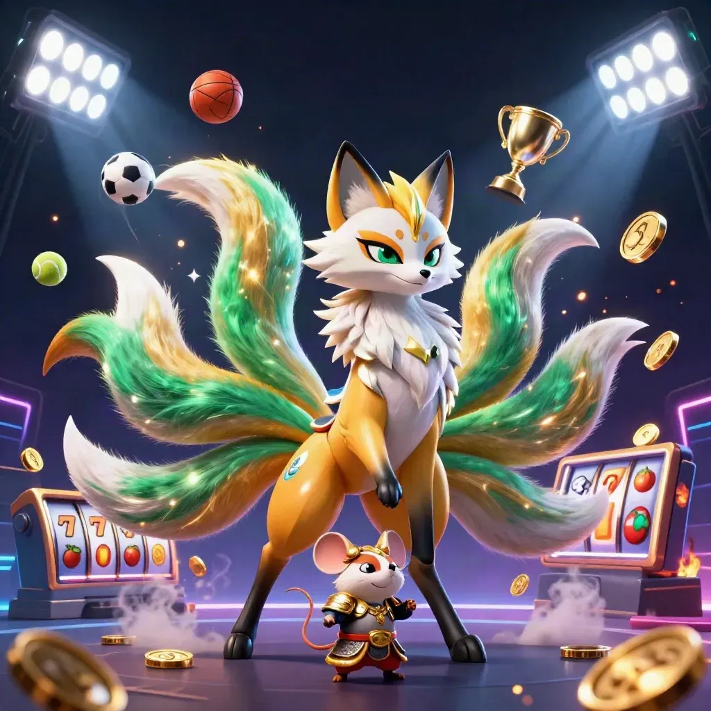 Nine-tailed fox spirit with armored mouse amid casino lights, balls, coins, trophy, and slot reels.