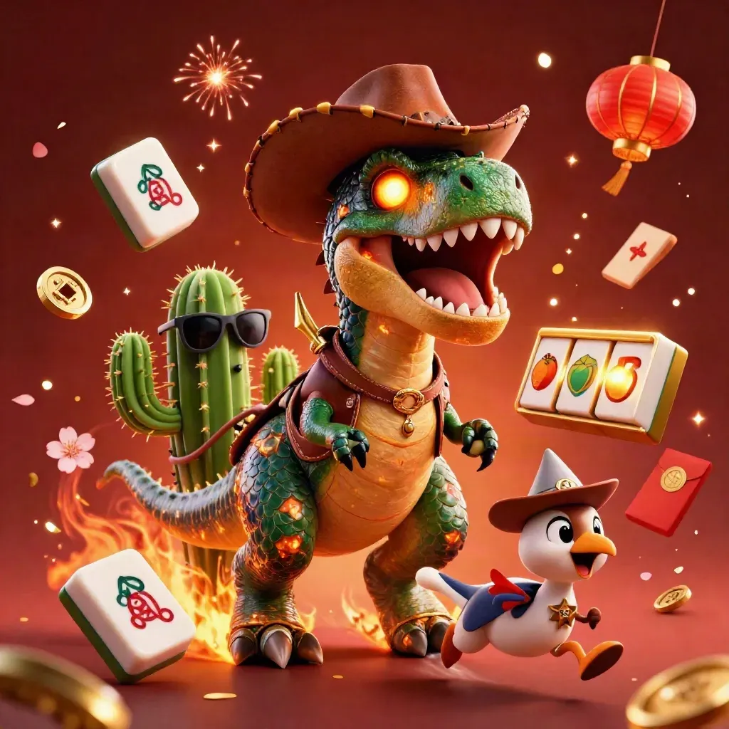Cowboy T-Rex, cactus sidekick, and roadrunner amid casino sparks, coins, lanterns, and fireworks.