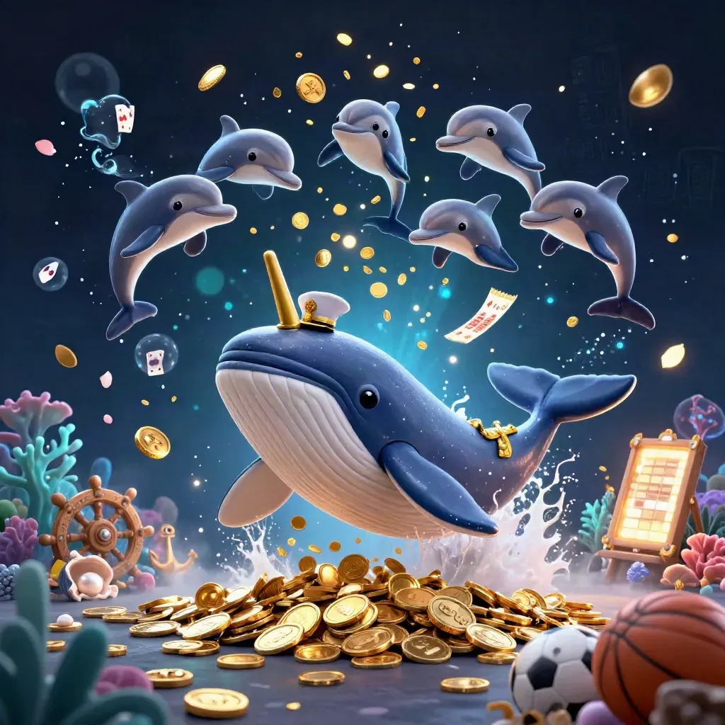 Whale captain, narwhal, and dolphins amid coins, coral, and casino treasure glow