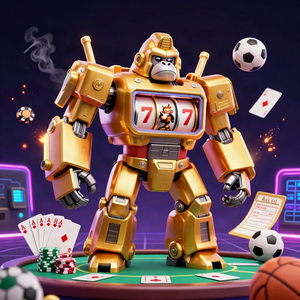Golden gorilla mech with monkey pilot, casino chips, cards, and neon arena glow