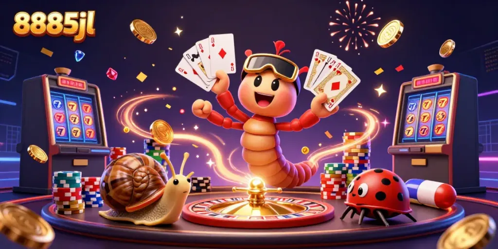 Engage with the vibrant gaming scene of 8885jl, featuring a millipede dealer and high-roller snail.