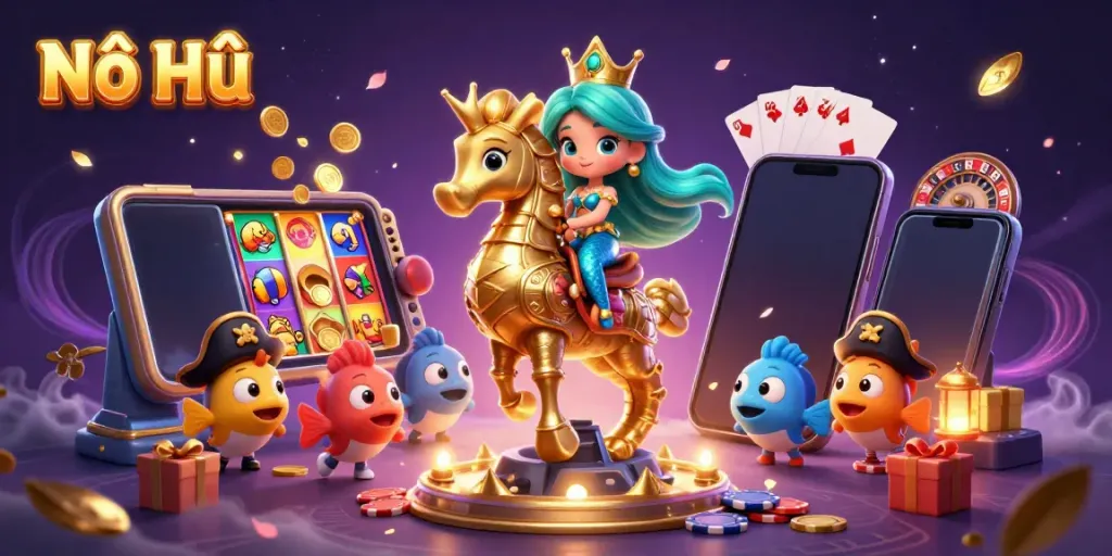 Nổ Hũ captures a vibrant 3D scene with a mermaid princess, seahorse, and casino elements like slot games and poker chips.