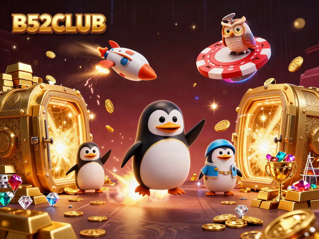 Experience the thrill of B52CLUB with a penguin soaring through a vibrant casino-themed space.