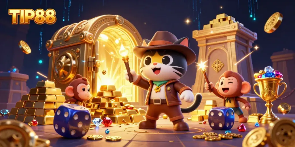 Experience excitement at TIP88 with an explorer cat and monkey discovering treasure in a vibrant casino.