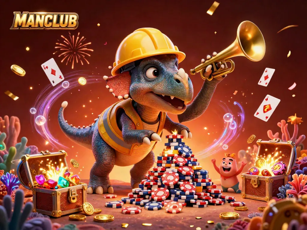 MANCLUB celebration scene featuring cartoon dinosaurs surrounded by poker chips and festive casino elements.