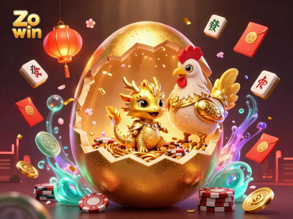 Experience thrilling wins with Zo win as the golden dragon reveals poker chips amidst celebratory elements.